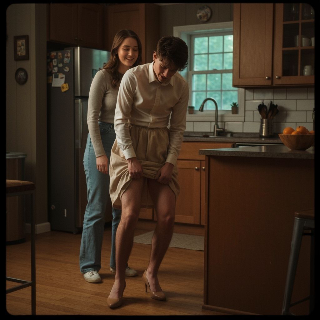 Embarrassed Young Man Crossdressing in Cozy Kitchen