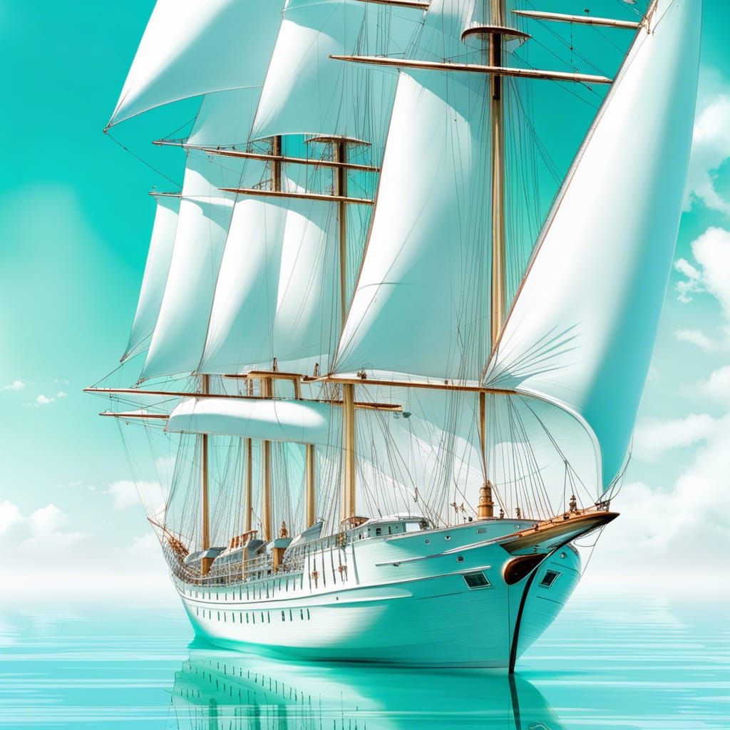 White Ship on Aquamarine Waters in Detailed Matte Painting