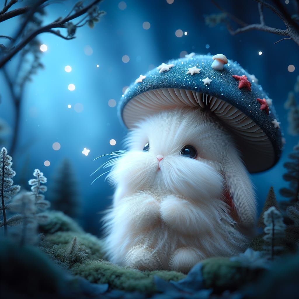 Bunny with Mushroom Hat Gazing at Starry Sky