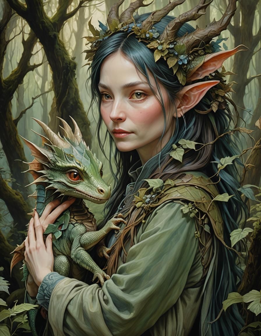 Person Holding Baby Dragon in Forest, Fantasy Art