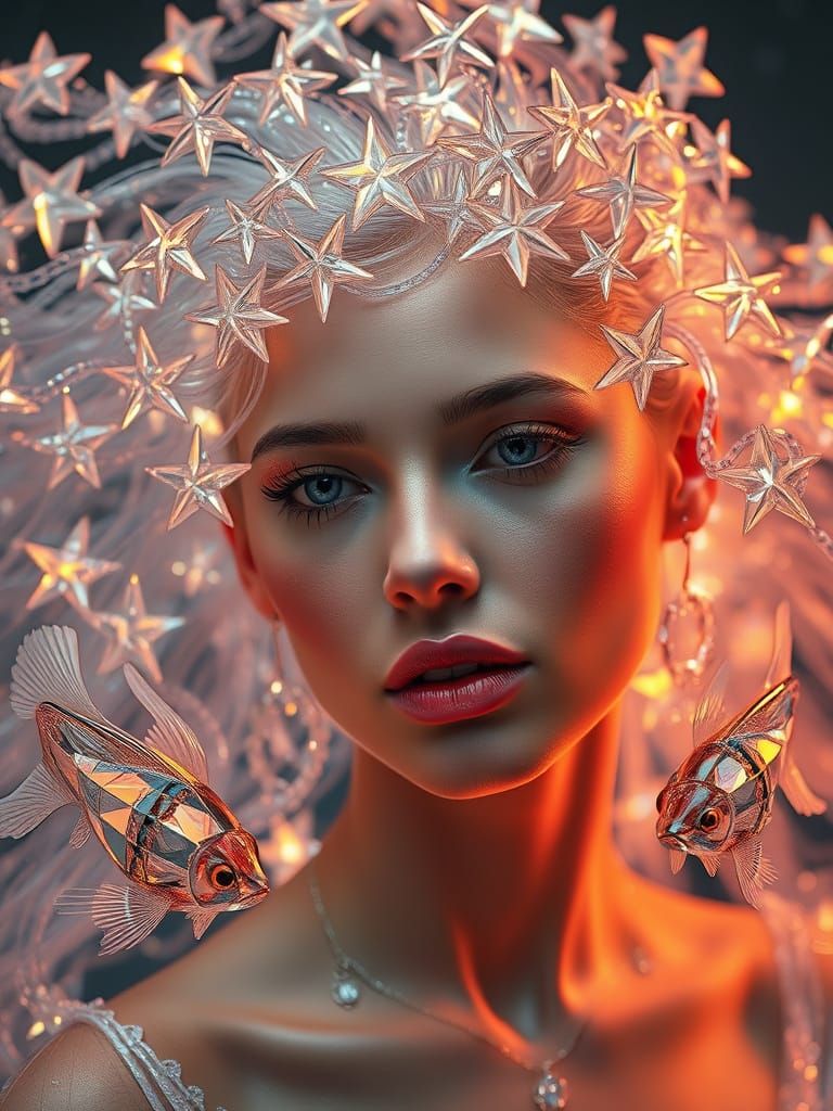 Celestial Goddess with Glass Star Hair and Faceted Fish