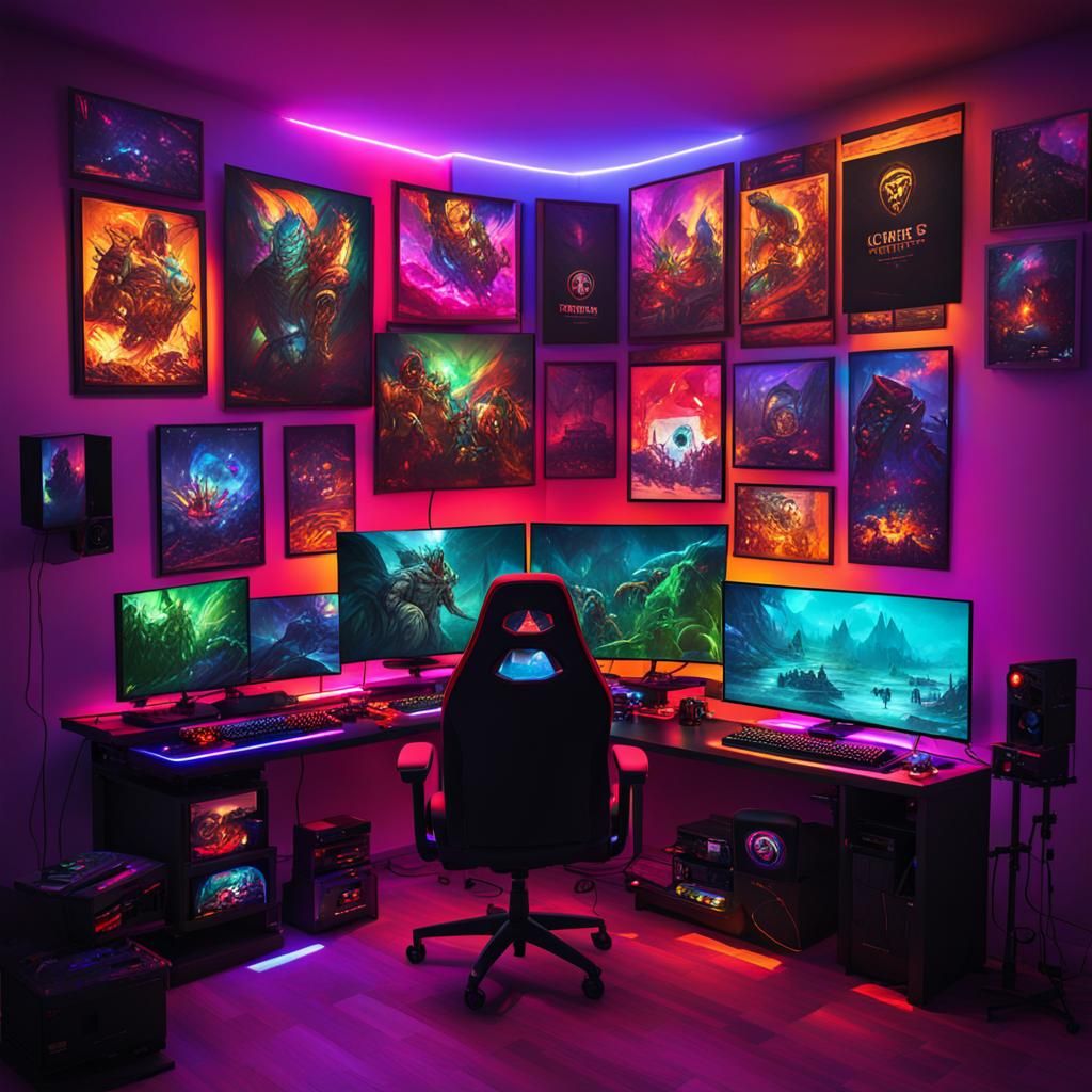 Colorful Gaming Room with LED Lights and Monitor