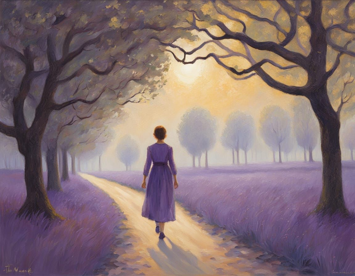 Woman Walks between Heath Fields