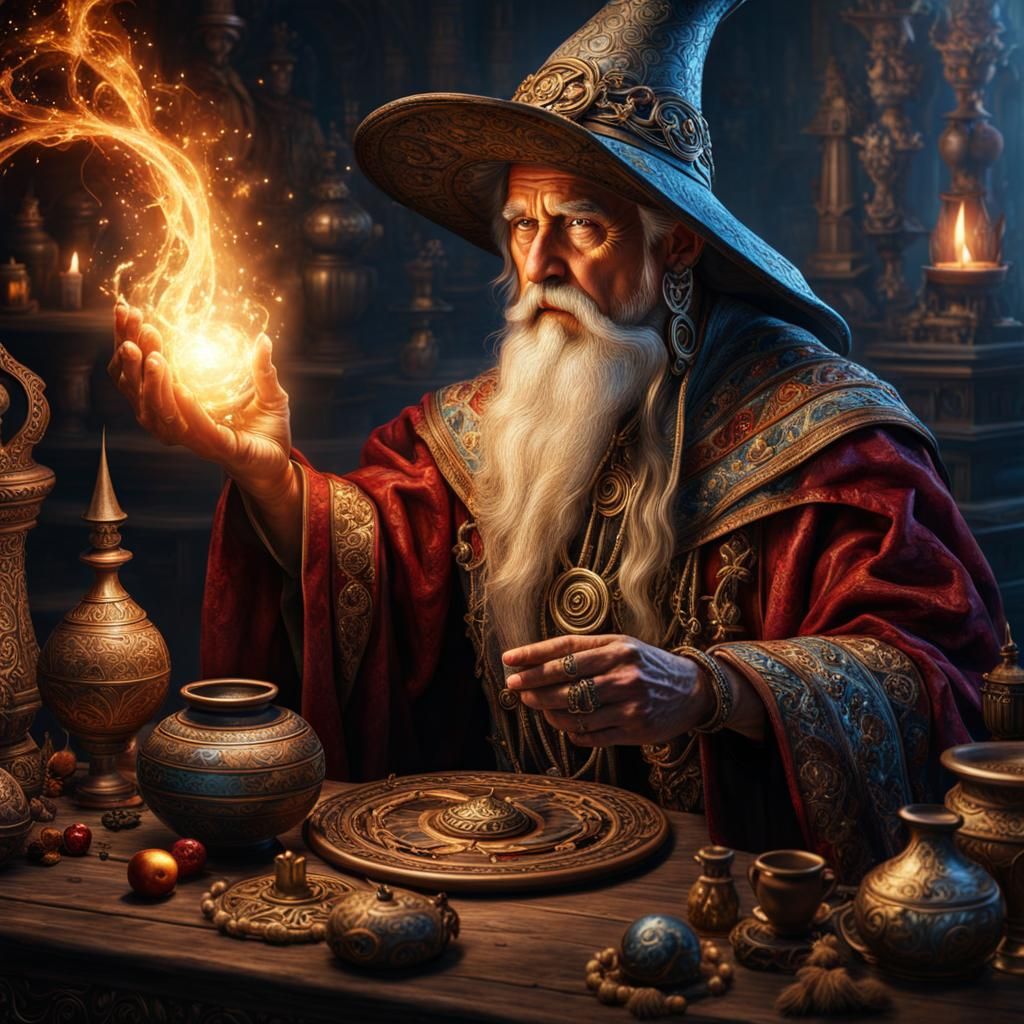 Mystical Wizard Weaving Spells in Psychedelic Realm
