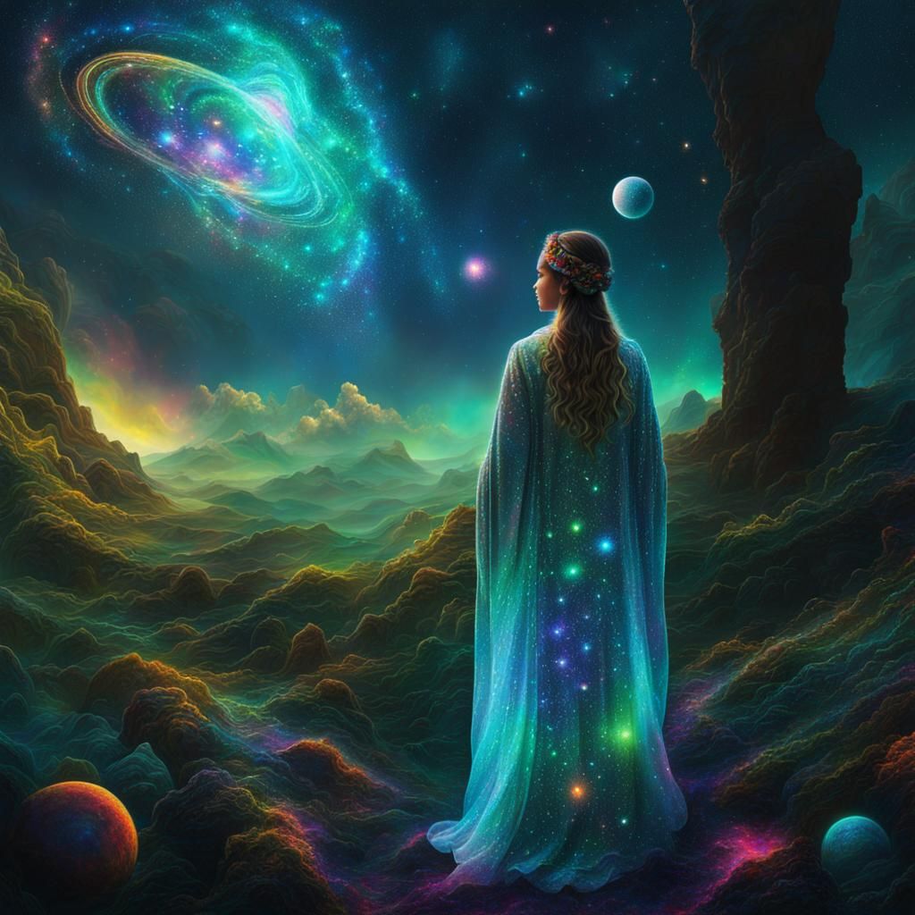 Holographic Cosmic Astral Illustration in Mixed Media