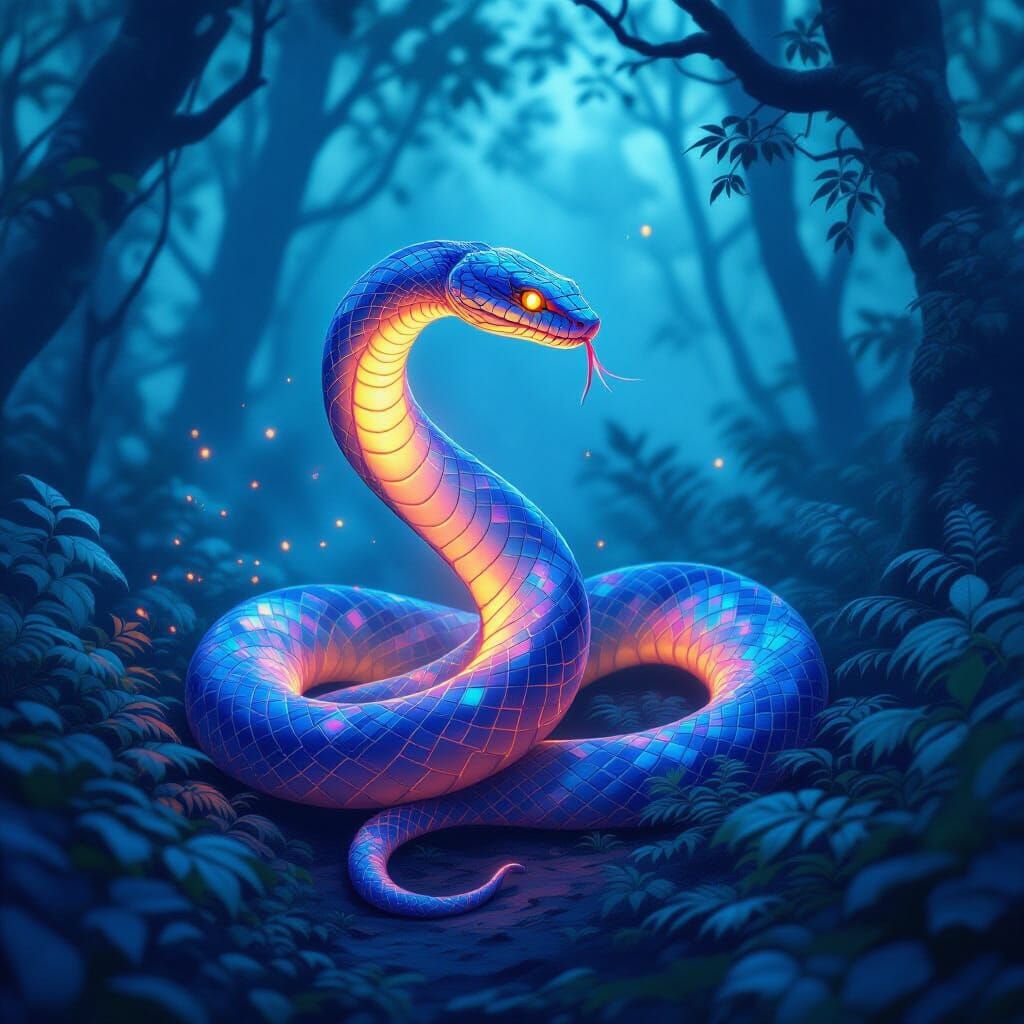 Bioluminescent Serpent in Mystical Forest, Ethereal Art