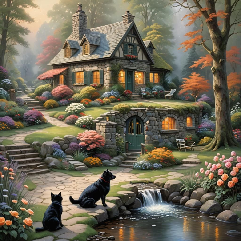 Enchanted Cottage Scene with Animals in Ethereal Style