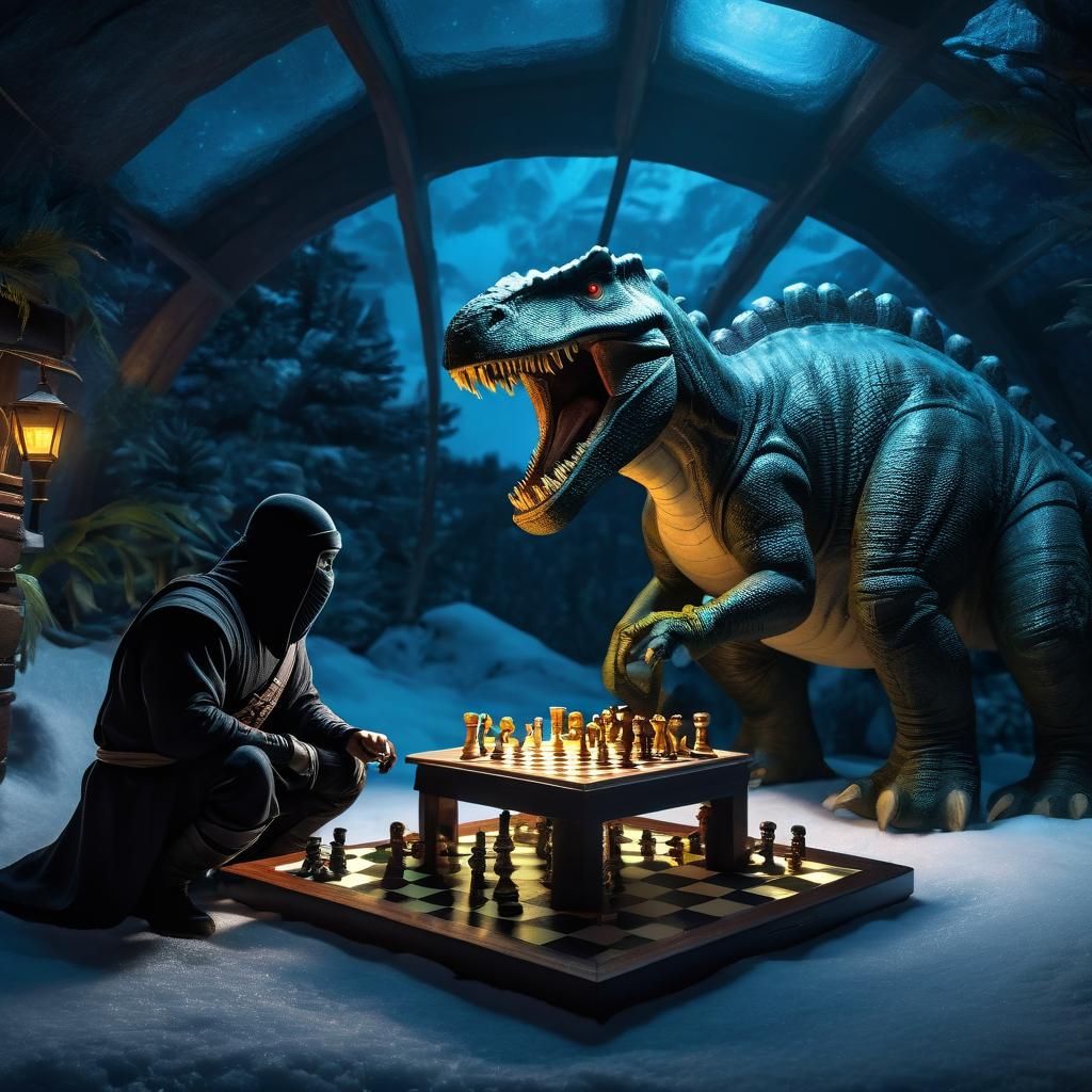 Ninja Versus Dinosaur Chess Match in Igloo