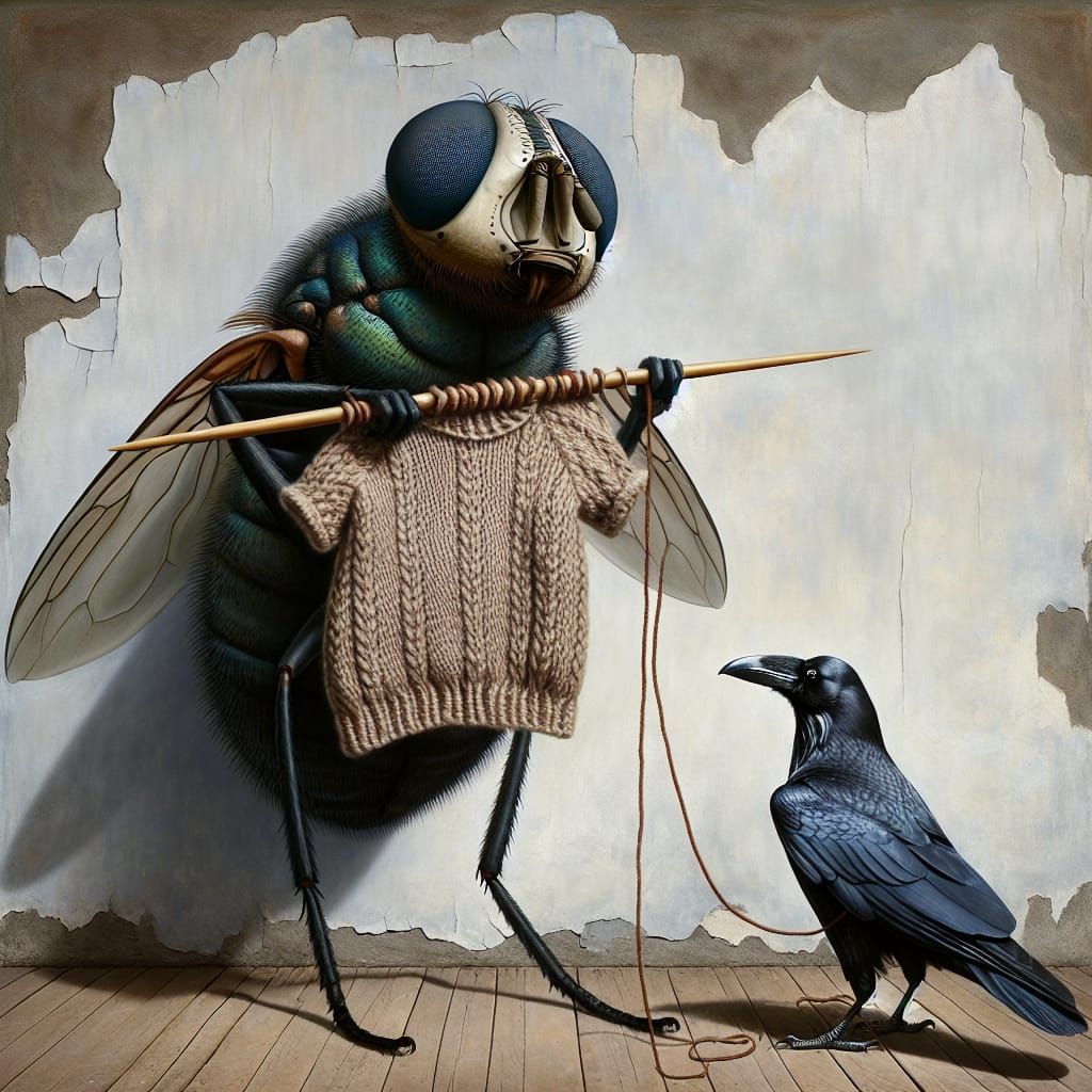 Giant Fly Knits Jumper for Raven: Photorealistic Painting