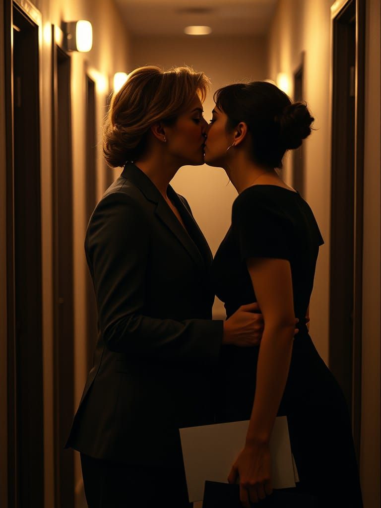 Tender Moment in a Studio Corridor