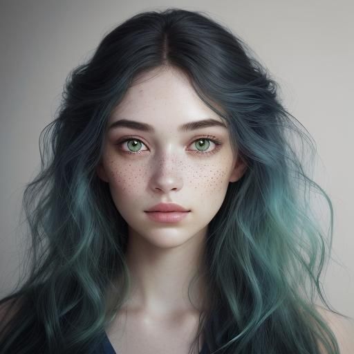 Mystical Woman Portrait with Green Eyes and Blue Hair