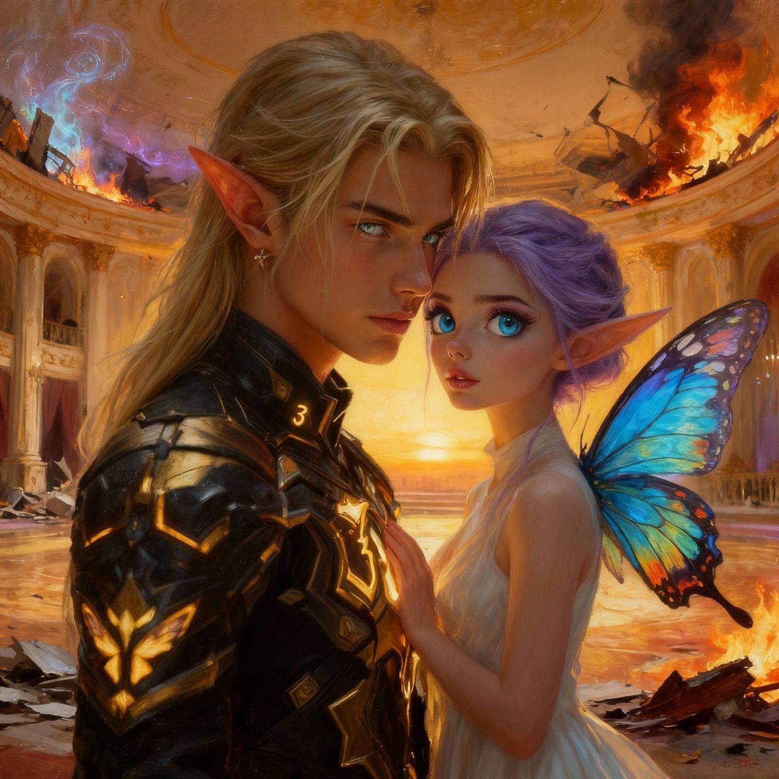 Fantasy Elf Warrior and Air Sprite in Ruined Ballroom