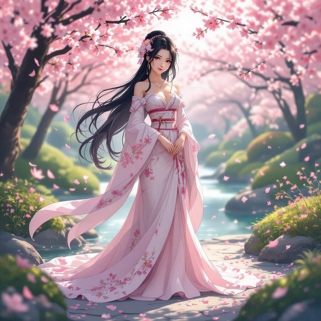 Elegant Japanese Bride in Cherry Blossom Garden