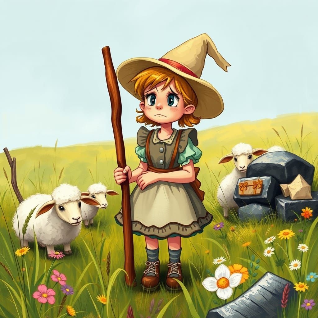 Distressed Bo Peep Searches for Sheep in Meadow