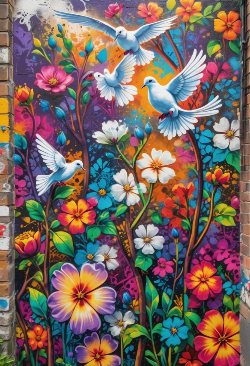 Dove in Flower Garden Street Art Mural