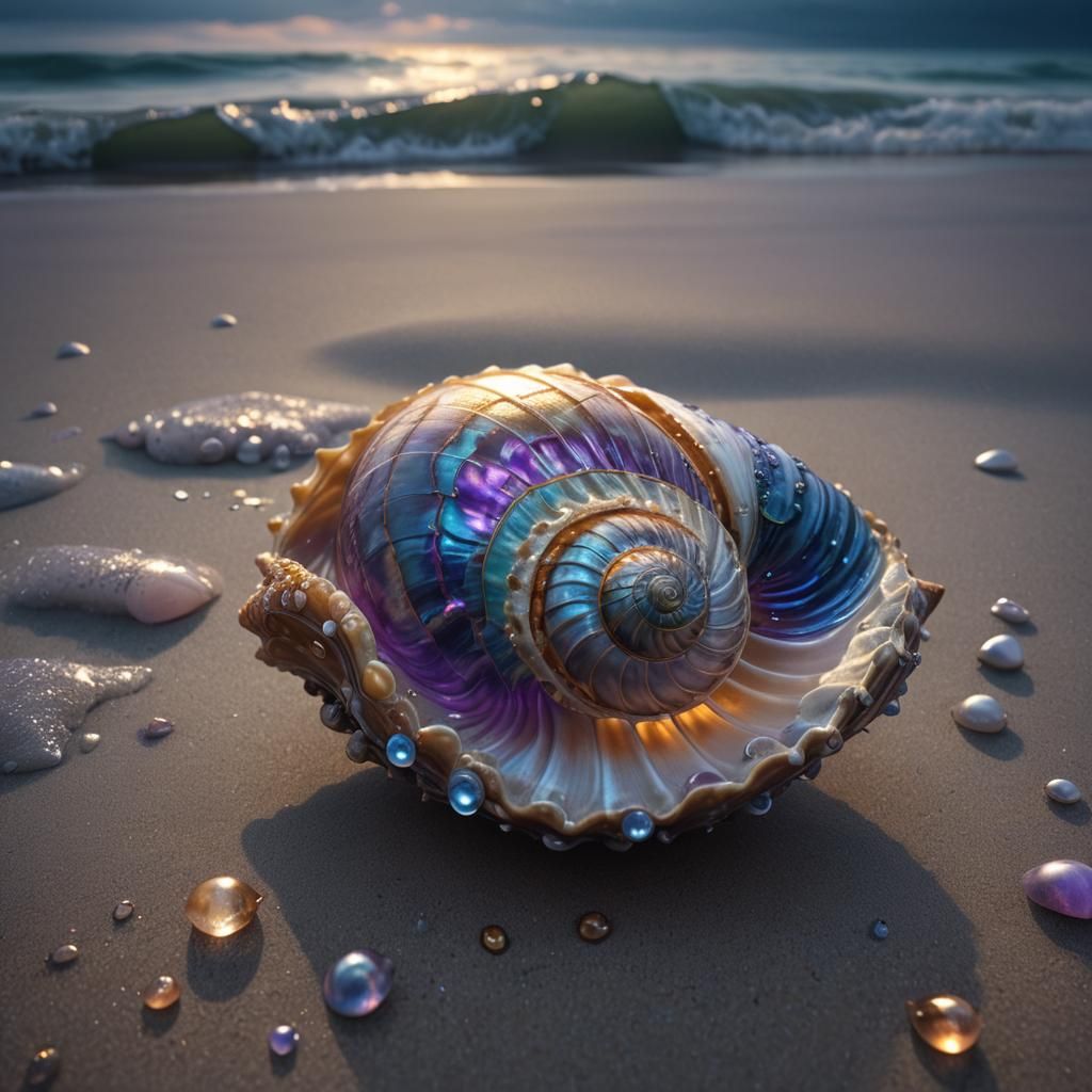 Glowing Seashell on Gloomy Beach: Fantasy Art