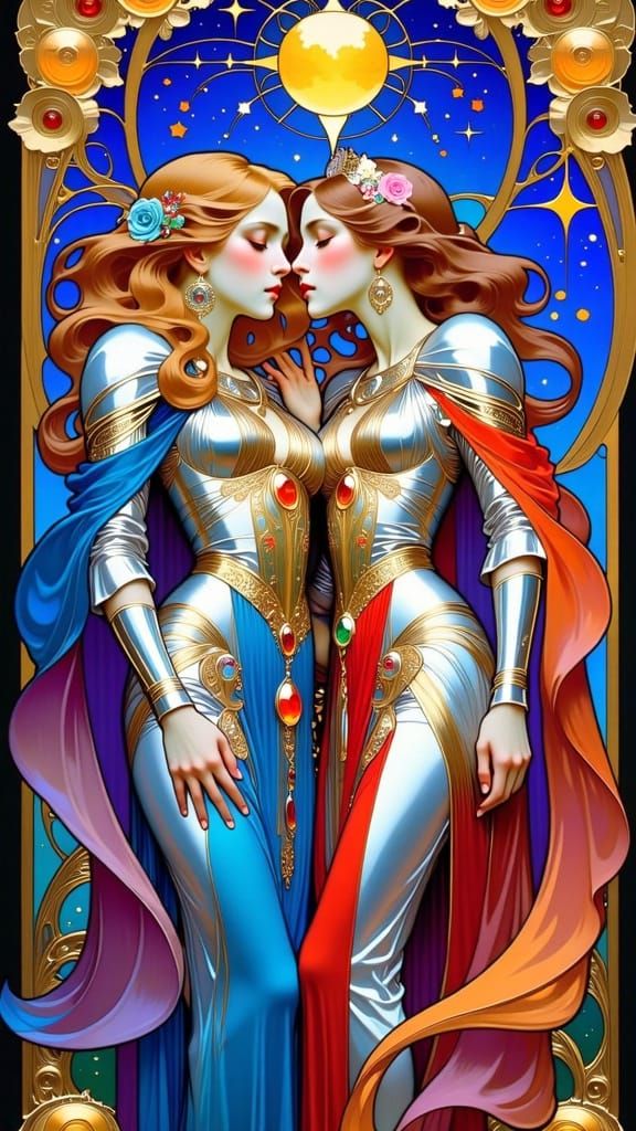 Ethereal Art Nouveau Soldiers in Celestial Kiss