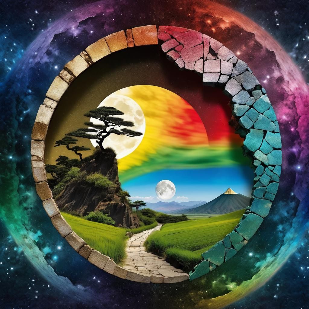 Surreal Stargate Scene with Rainbow Ink Effects