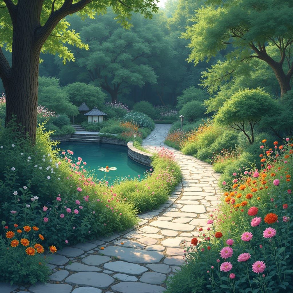 Realistic Winding Stone Path Through Vibrant Flowers to Tran...
