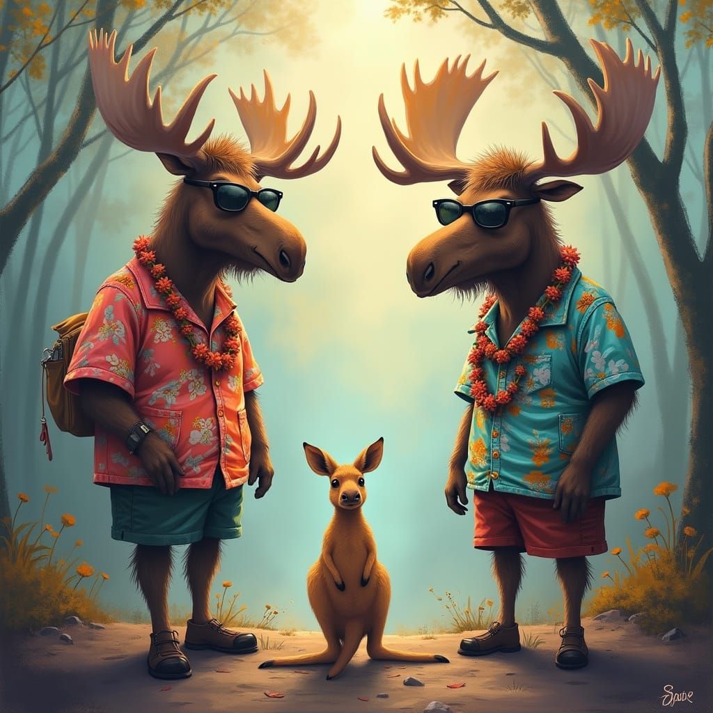Moose Tourists Gaze at Kangaroo in Dreamy Landscape