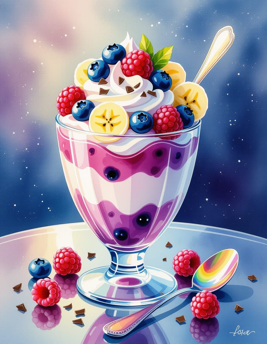 Blueberry Parfait in Watercolor Splash Art Style