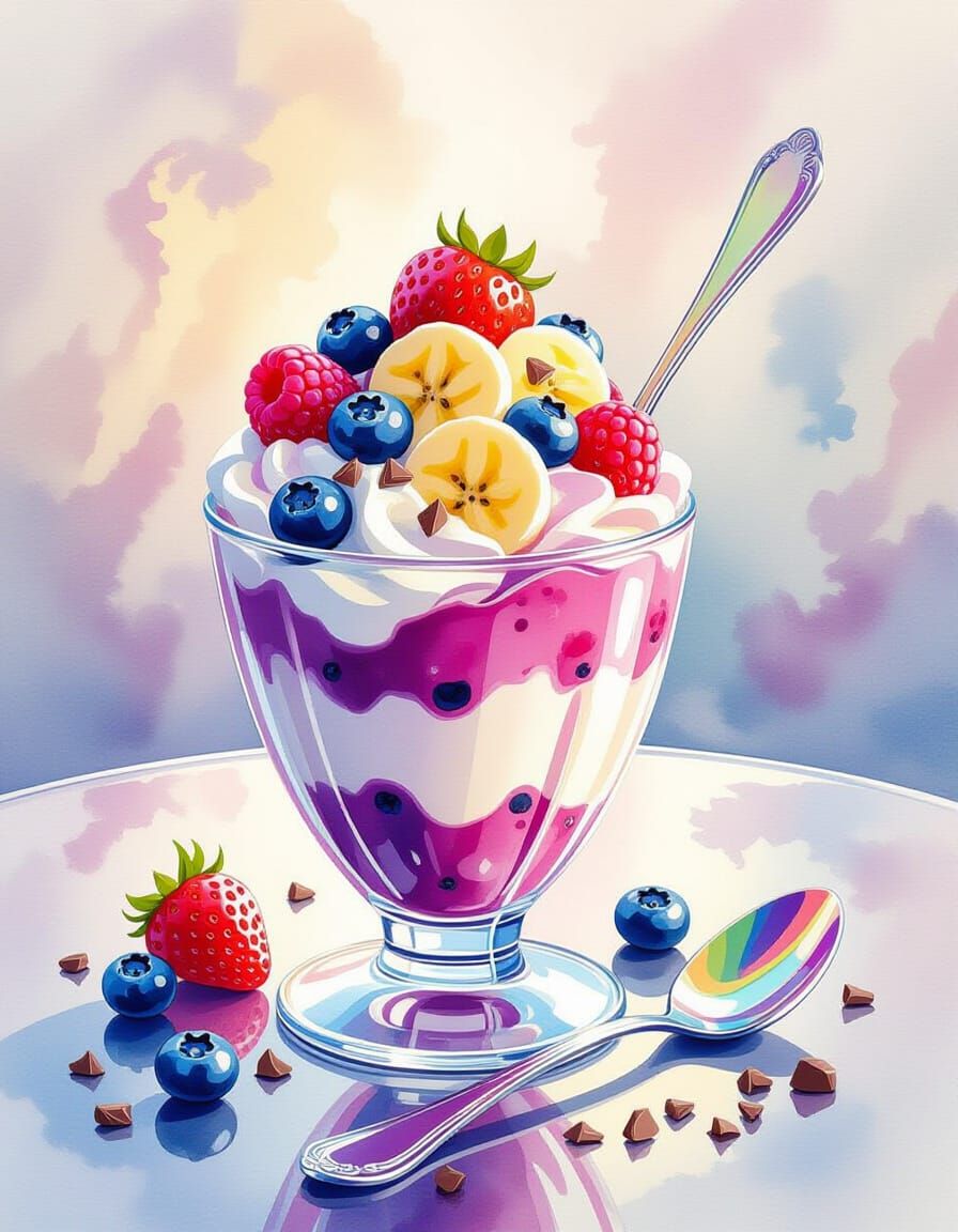 Blueberry Parfait with Berries and Chocolate, Watercolor Sty...