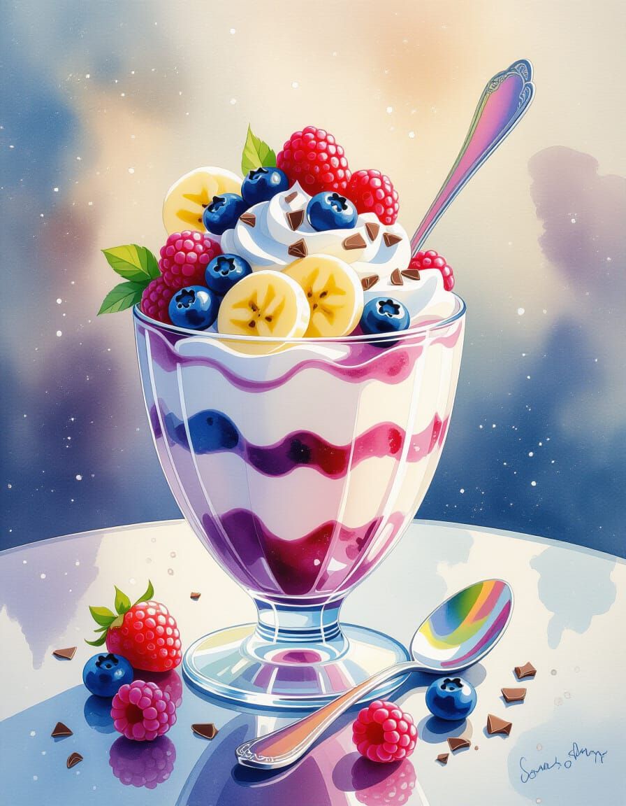 Blueberry Parfait in Watercolor Splash Art Style