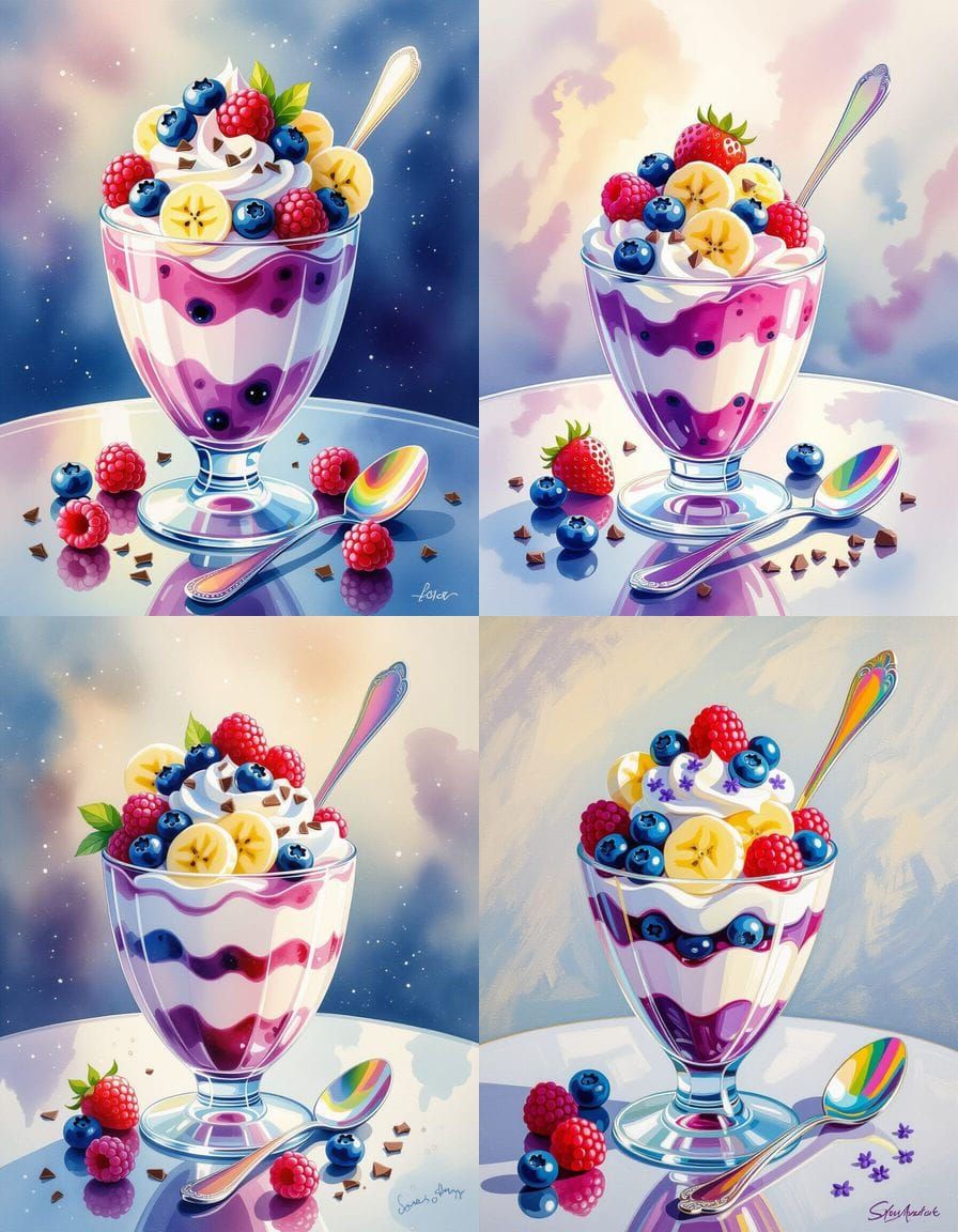 Watercolor Yogurt Parfait with Berries and Chocolate