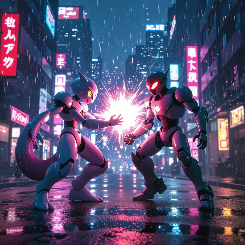 Mewtwo's Psychic Blast in Futuristic Cityscape Battle
