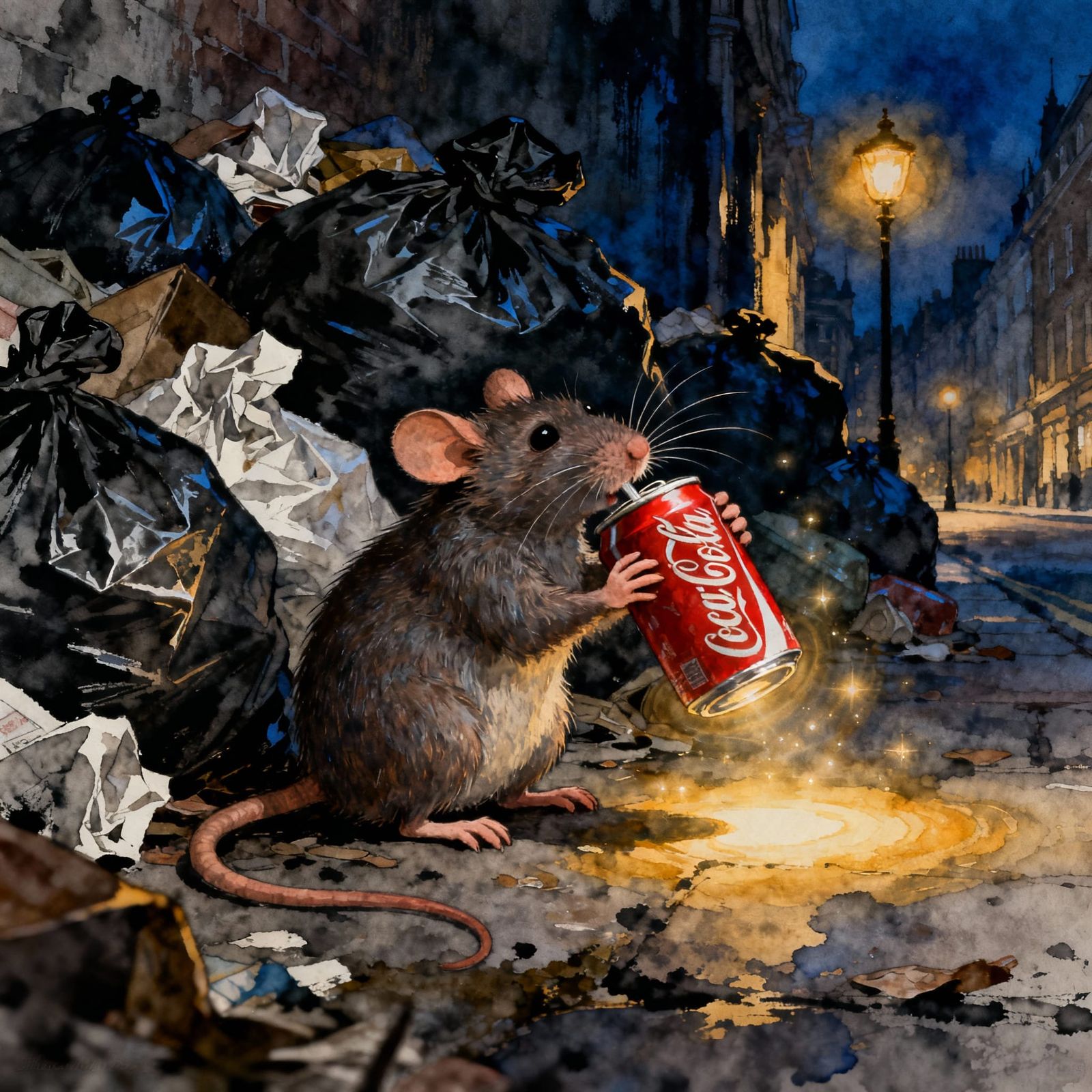 Whimsical Street Rat Drinks Coca-Cola on London Street