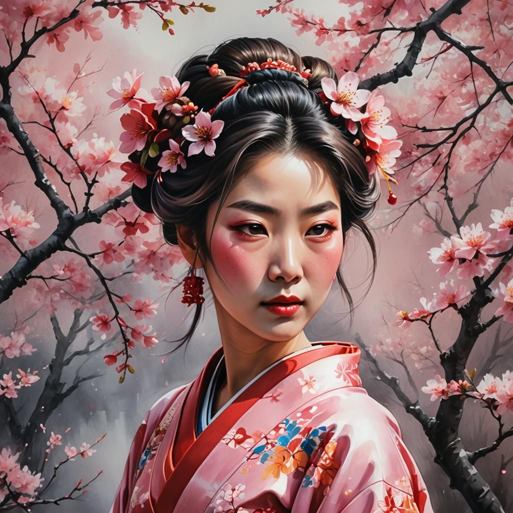 Woman in Kimono with Cherry Blossoms, Watercolor Style