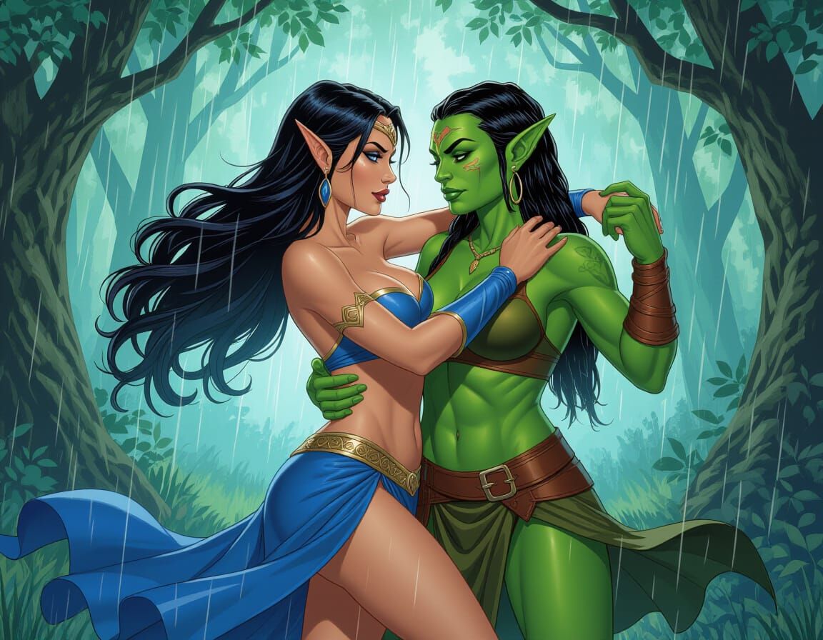Elf and Orc Women Dancing in Rain, Frank Cho Style