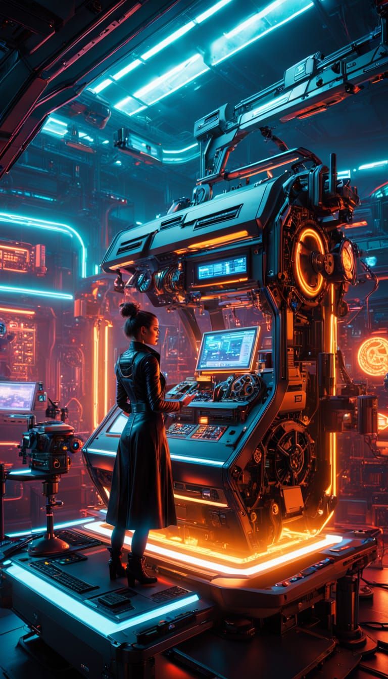 Steampunk Inventor in Cyberpunk Workshop