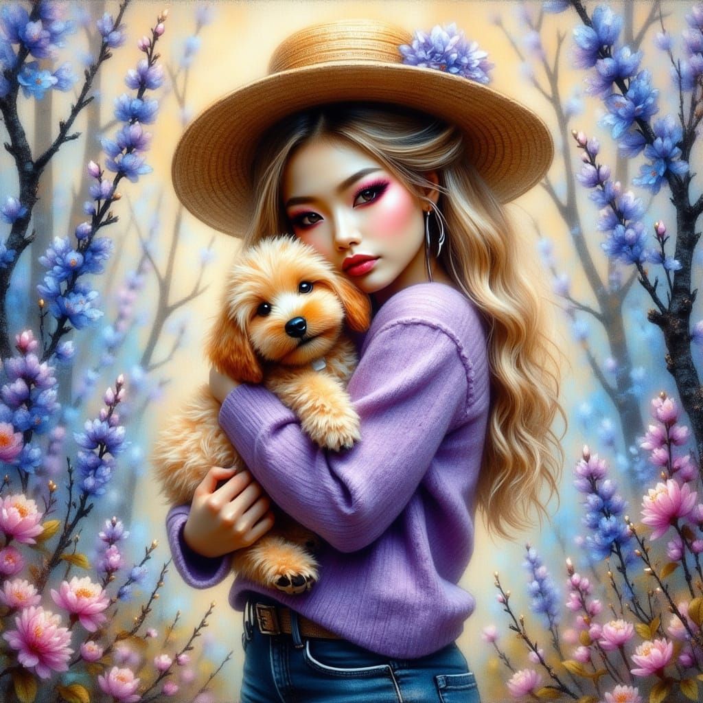 Whimsical Child with Golden Doodle in Misty Forest