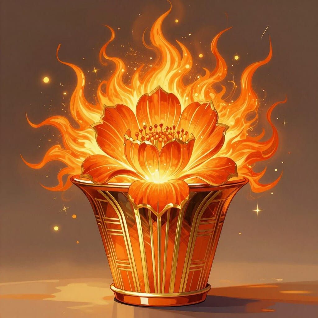 Art Deco Flower Pot with Fiery Orange Bloom