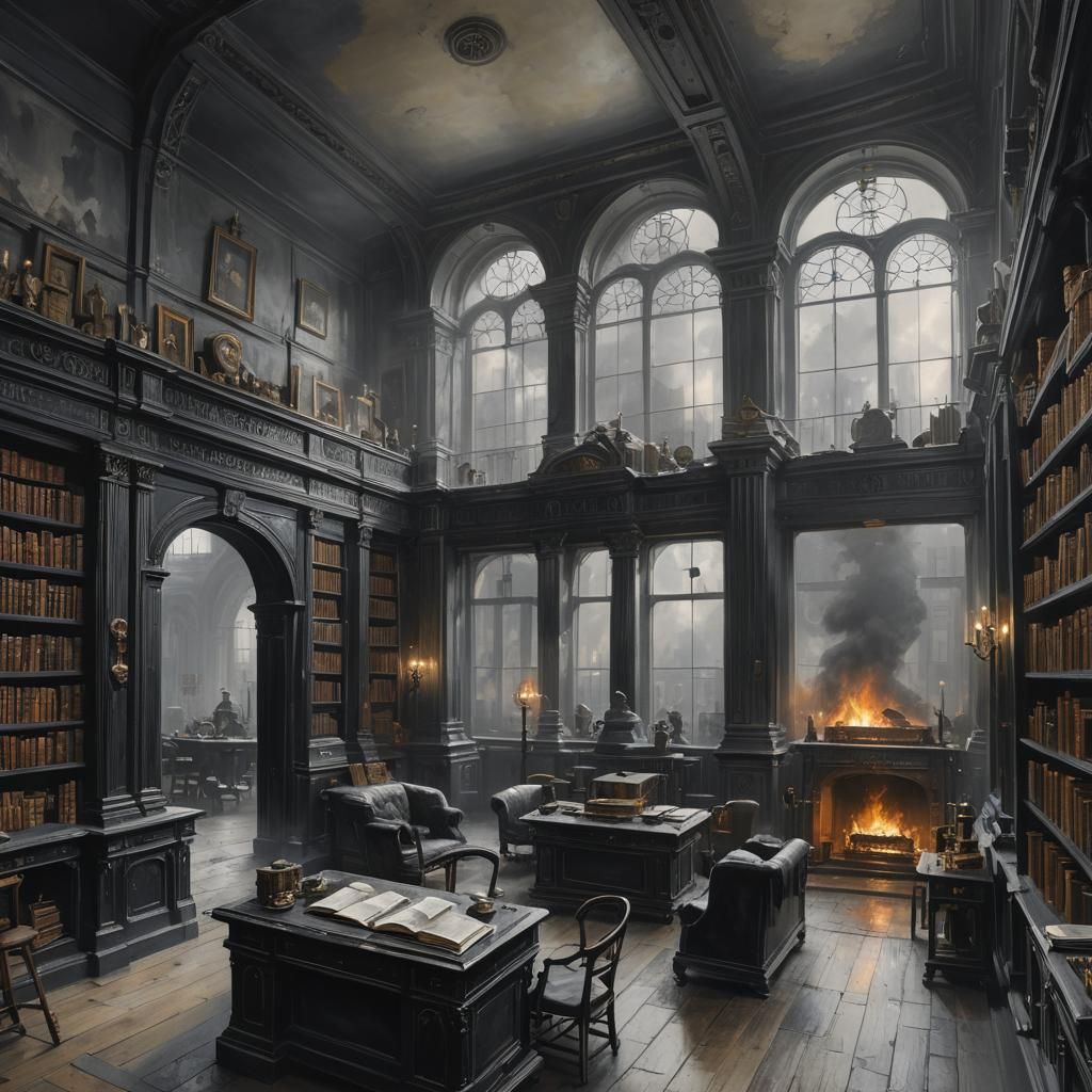 Elegant Black Library in Paris, Greg Rutkowski Style