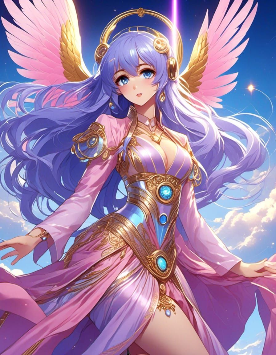Anime Goddess long blue hair, lavender eyes, iridescent pink holographic wings, pink, sky blue purple with gold accent r...