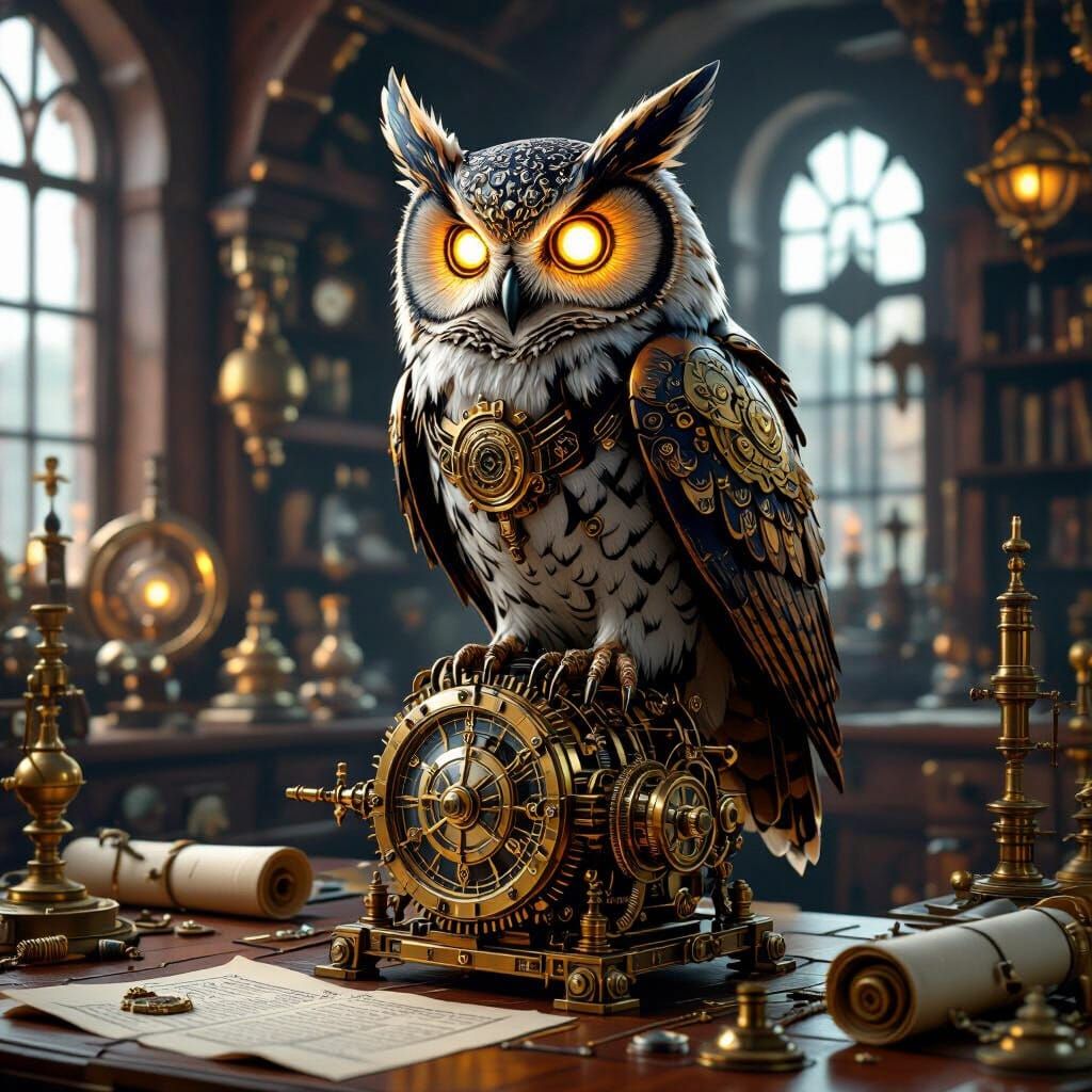 Steampunk Owl Perched on Clockwork Automaton