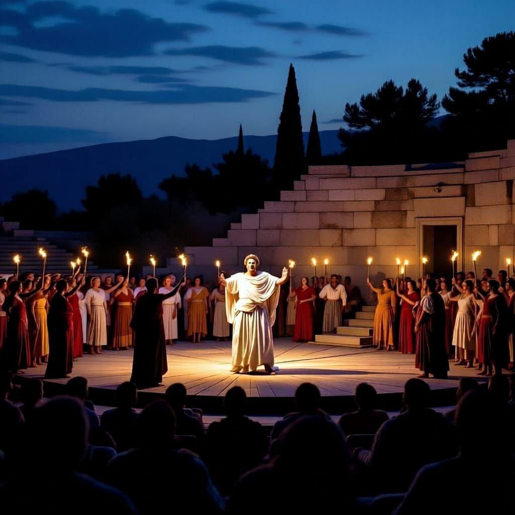 Ancient Greek Theater Performance at Night