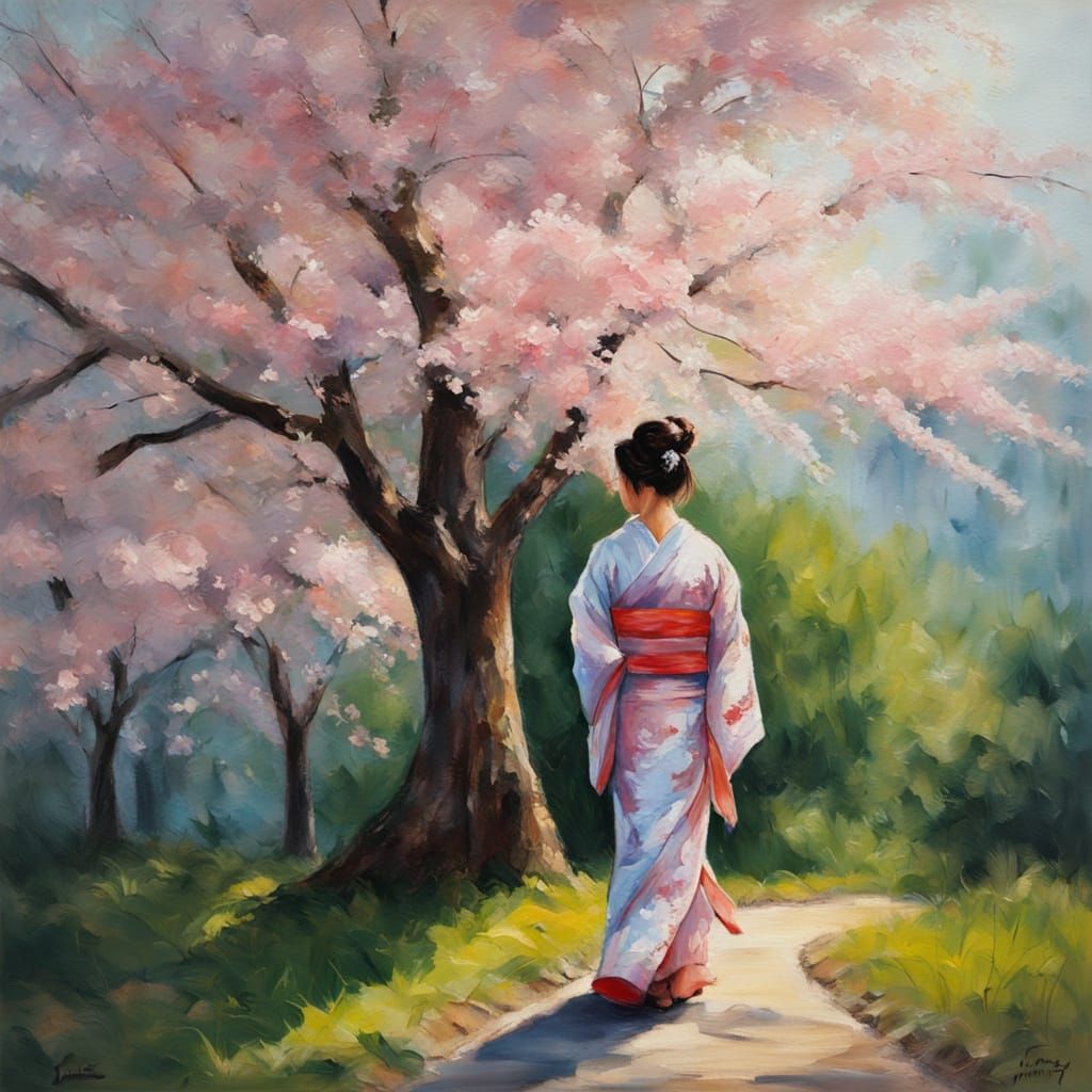 Impasto Oil Painting of Woman Under Sakura Tree
