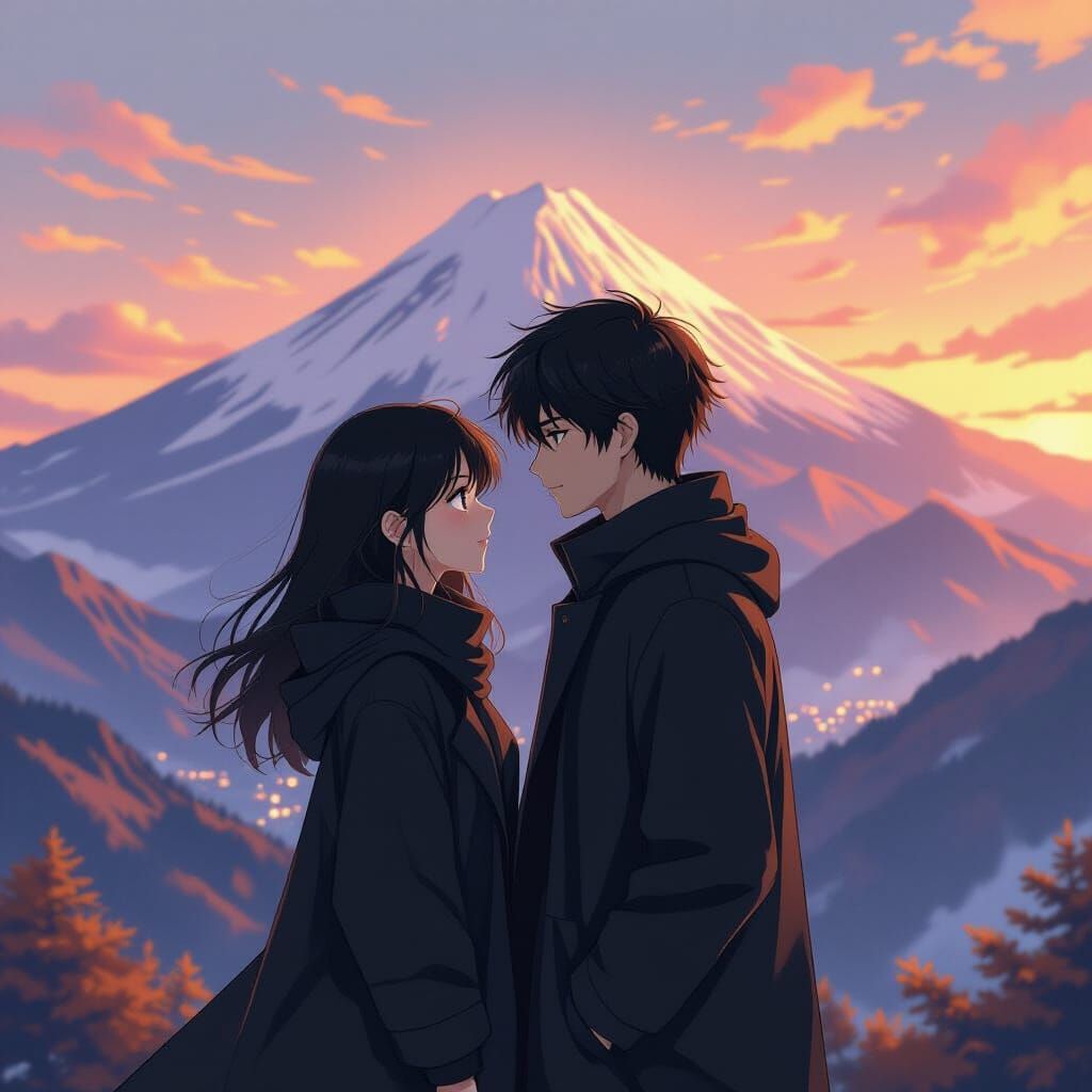Anime Couple at Sunset on Majestic Mountain