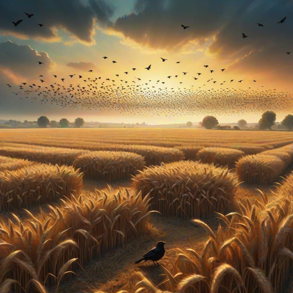 Blackbirds Soar Over Vivid Wheat Field in Epic Cinematic Sty...