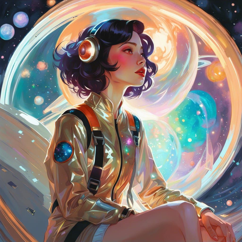 Colorful Spaceship in Sparkling Galaxy, Digital Art