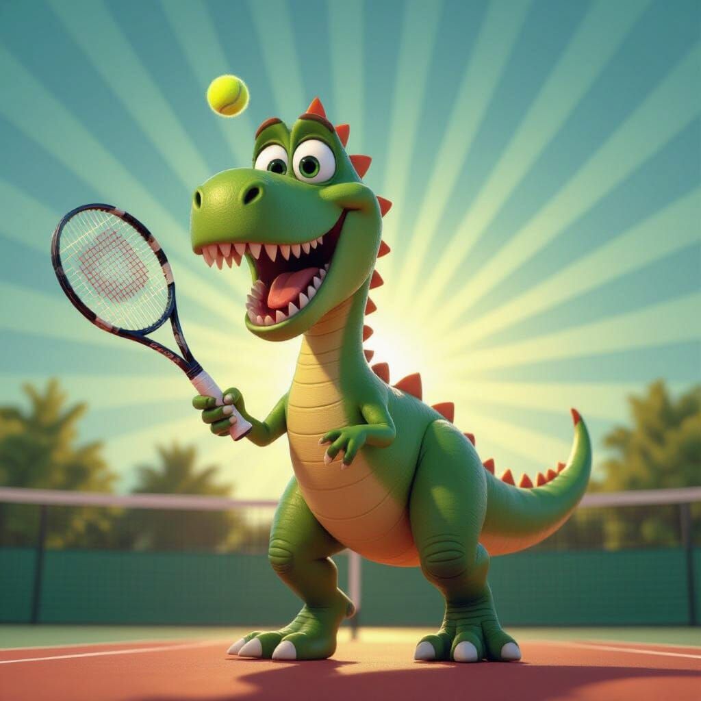 Quirky Dinosaur Playing Tennis in Pixar Cartoon Style
