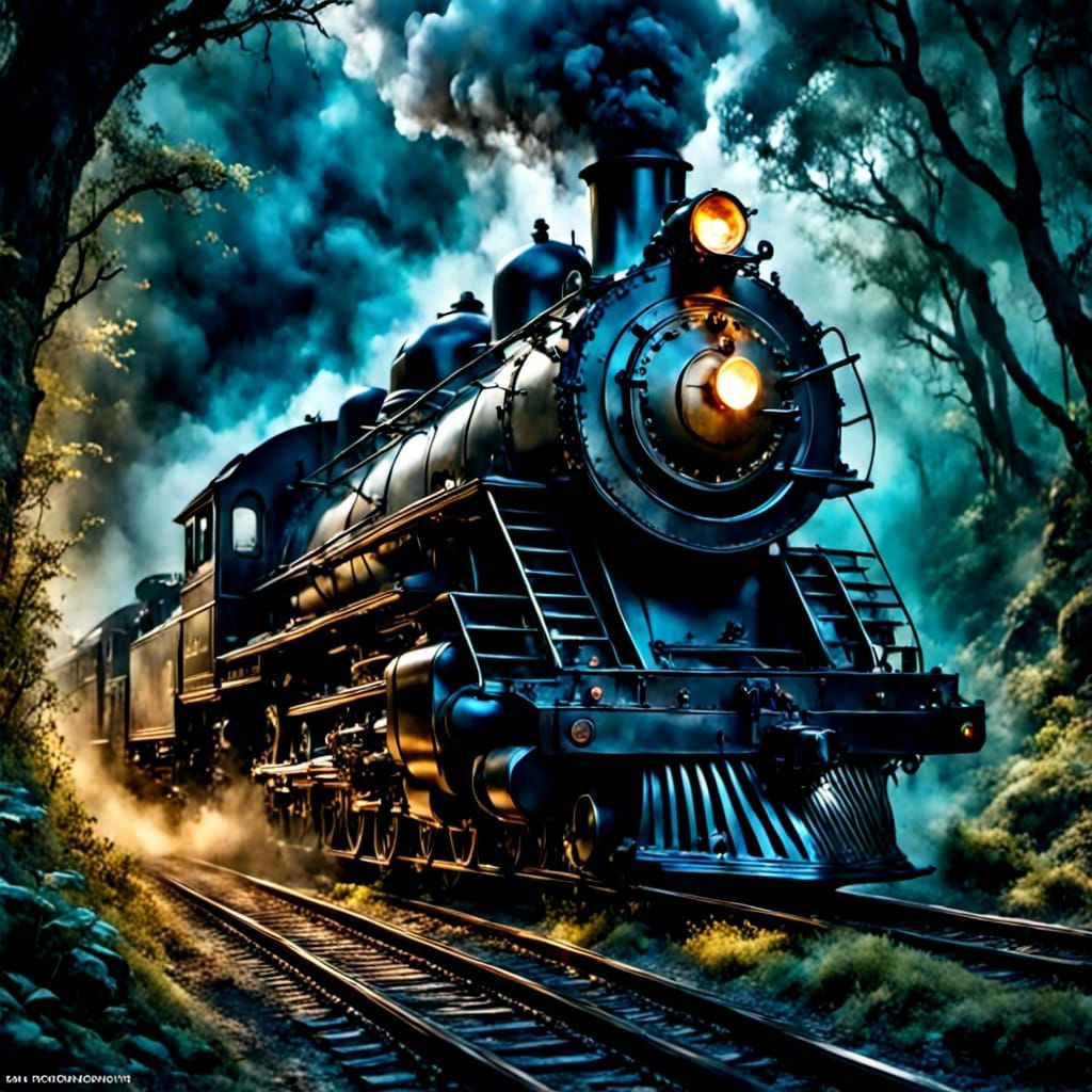 Steam Locomotive in Bioluminescent Fantasy Forest