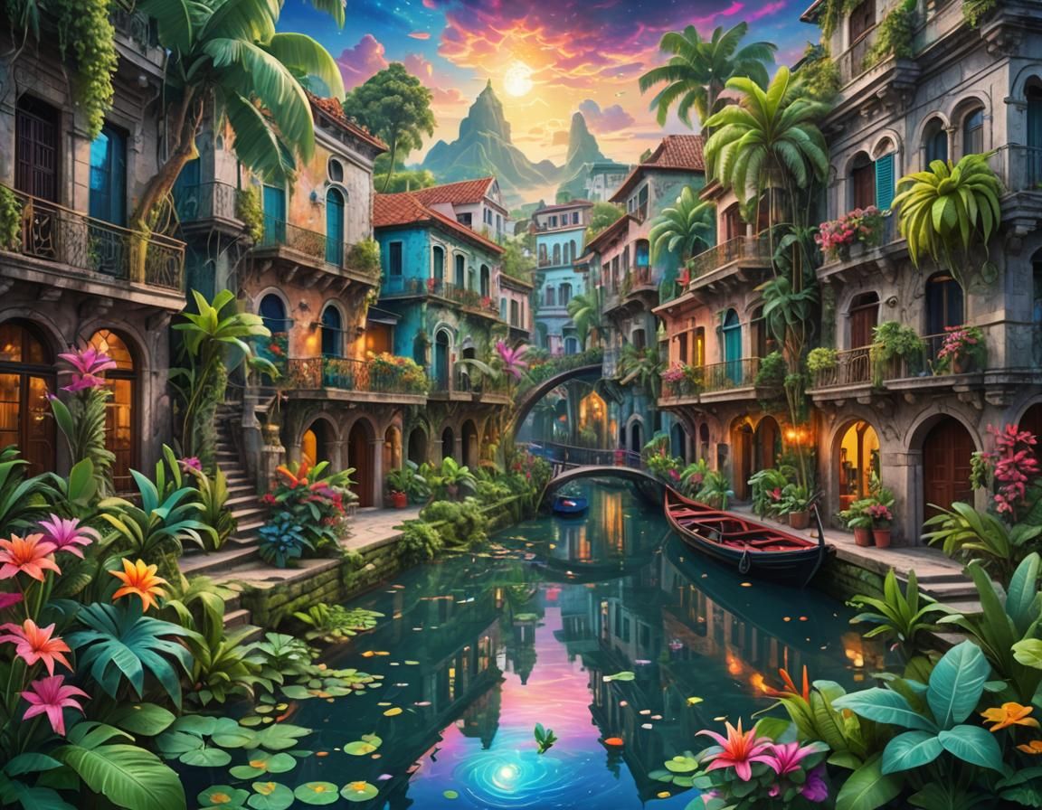 Tropical Paradise Canal in Astral Illustration Style