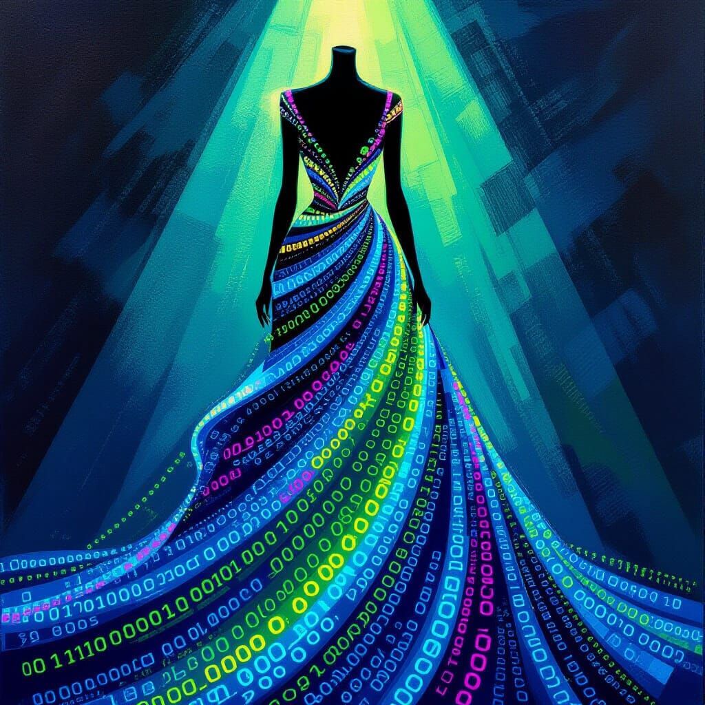 Digital Data Dress: Gouache Painting with Blue and Green Gra...