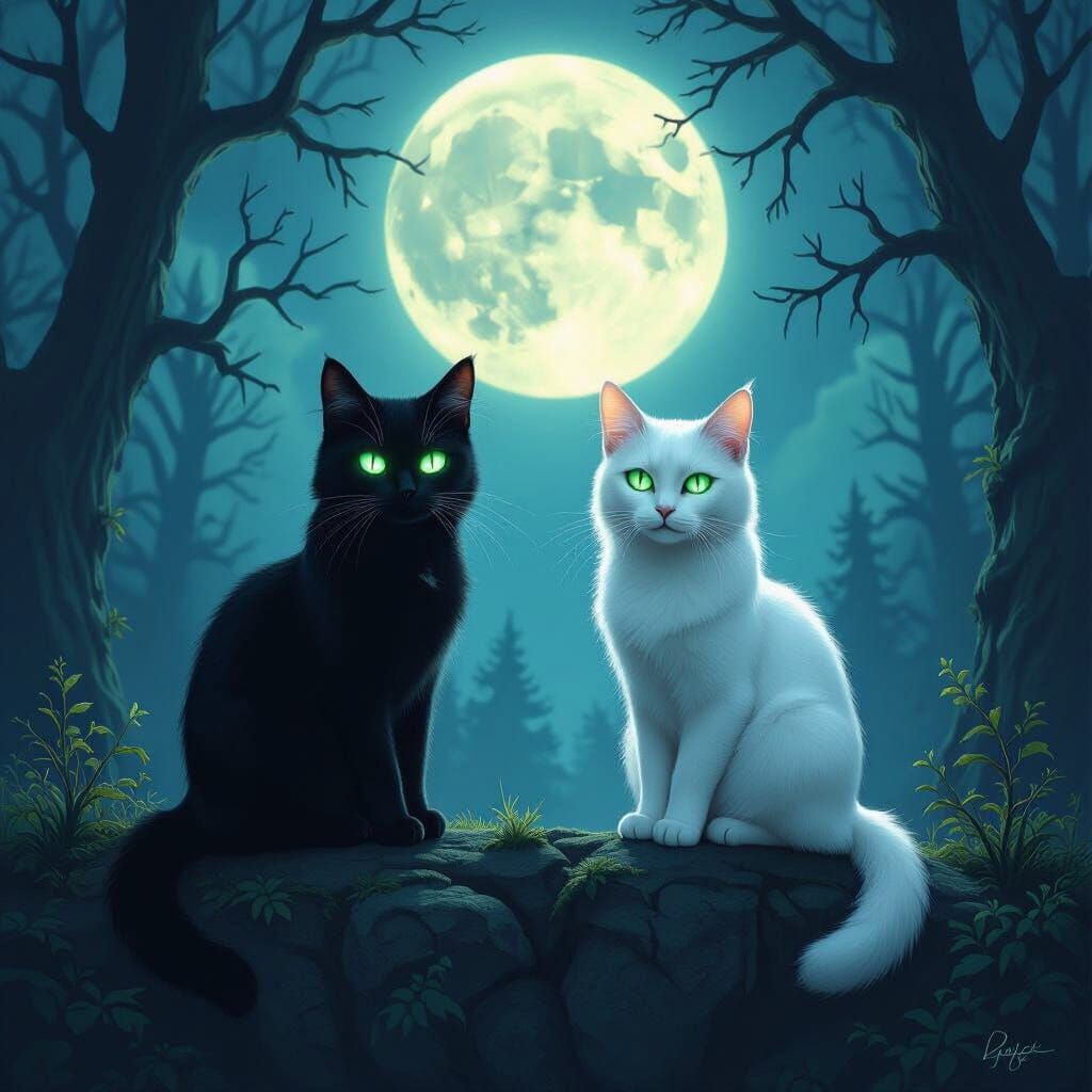 Cats with Glowing Eyes on Forest Edge Under Moonlight