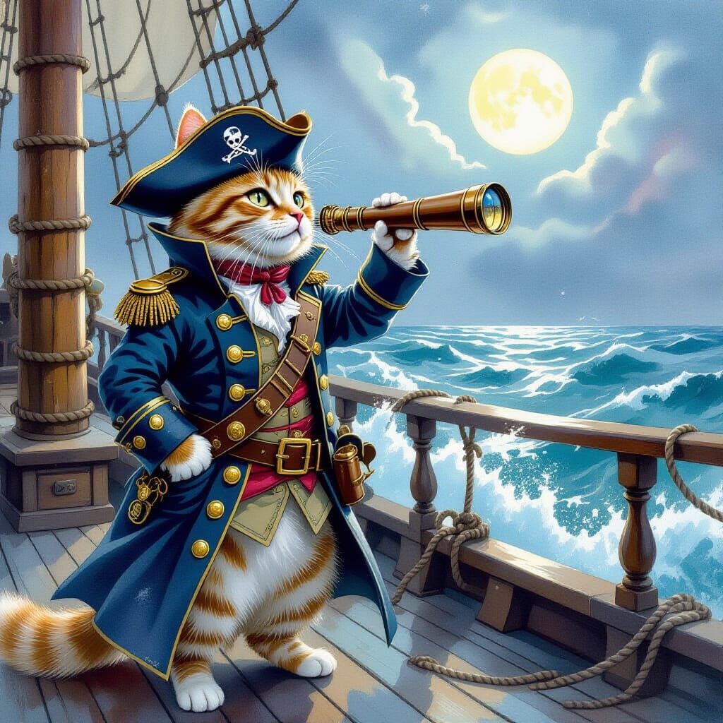 Steampunk Cat Captain on Pirate Ship in Watercolor Style