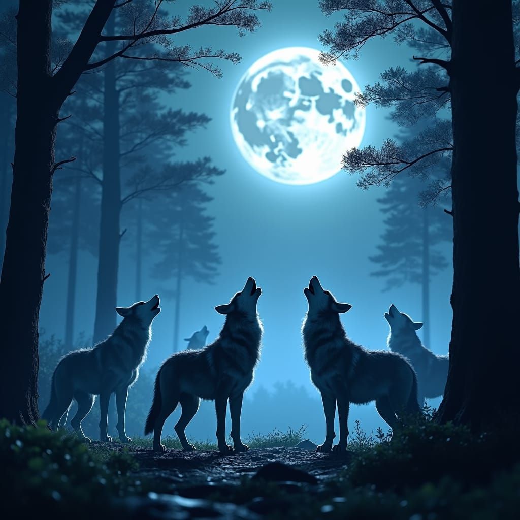 Wolf Pack Howling at Moon in Mystic Forest
